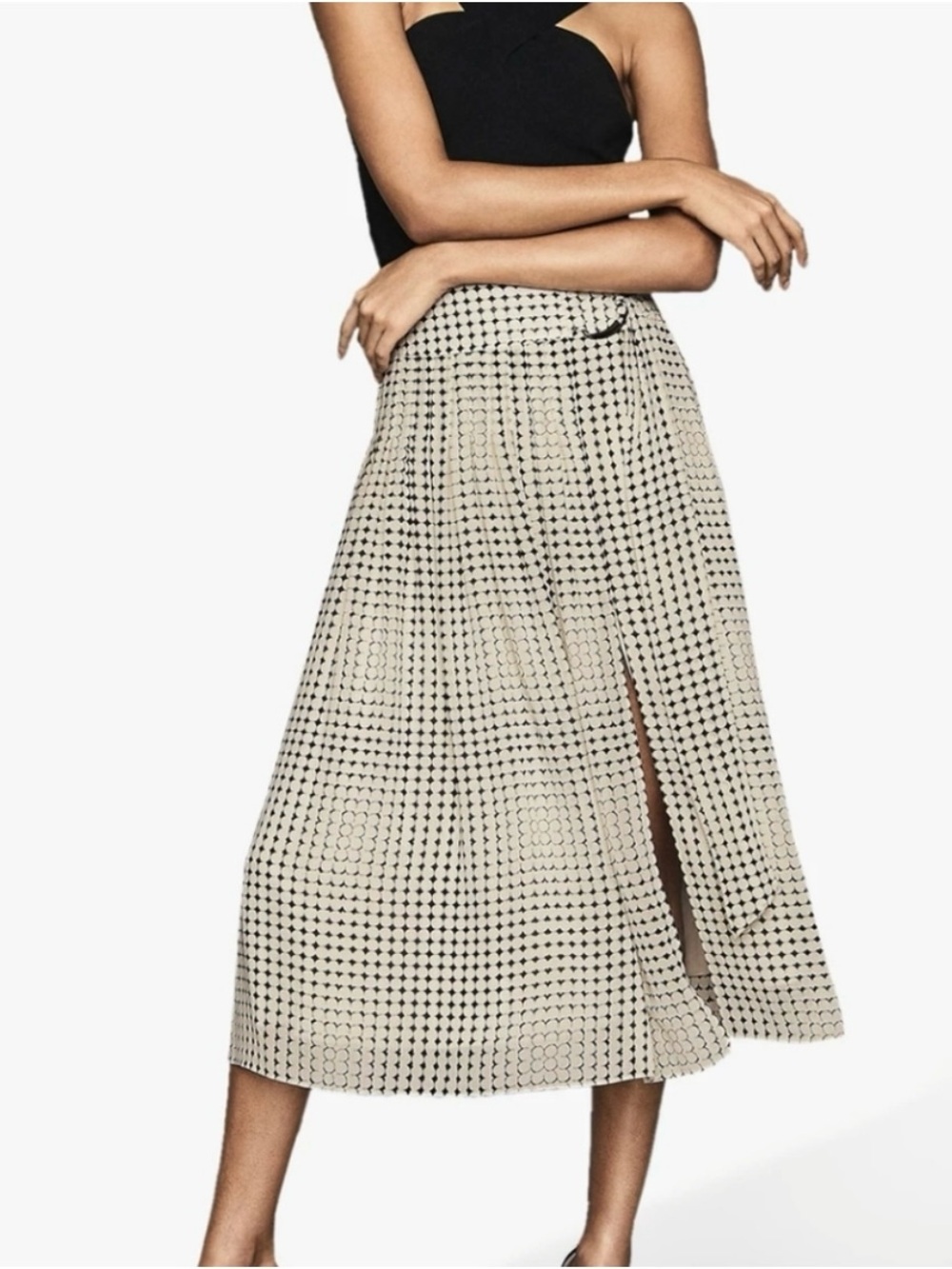 Reiss Jorja Skirt Womens 0‎ Black Cream Geometric Pleated Buckle Midi Lined